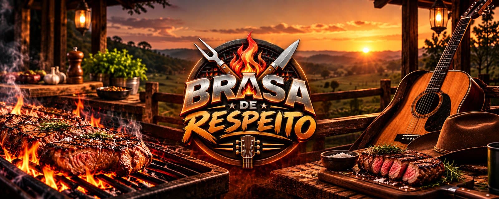 Churrasco na brasa e um violão em uma varanda ao entardecer, com o emblema do canal Brasa de Respeito