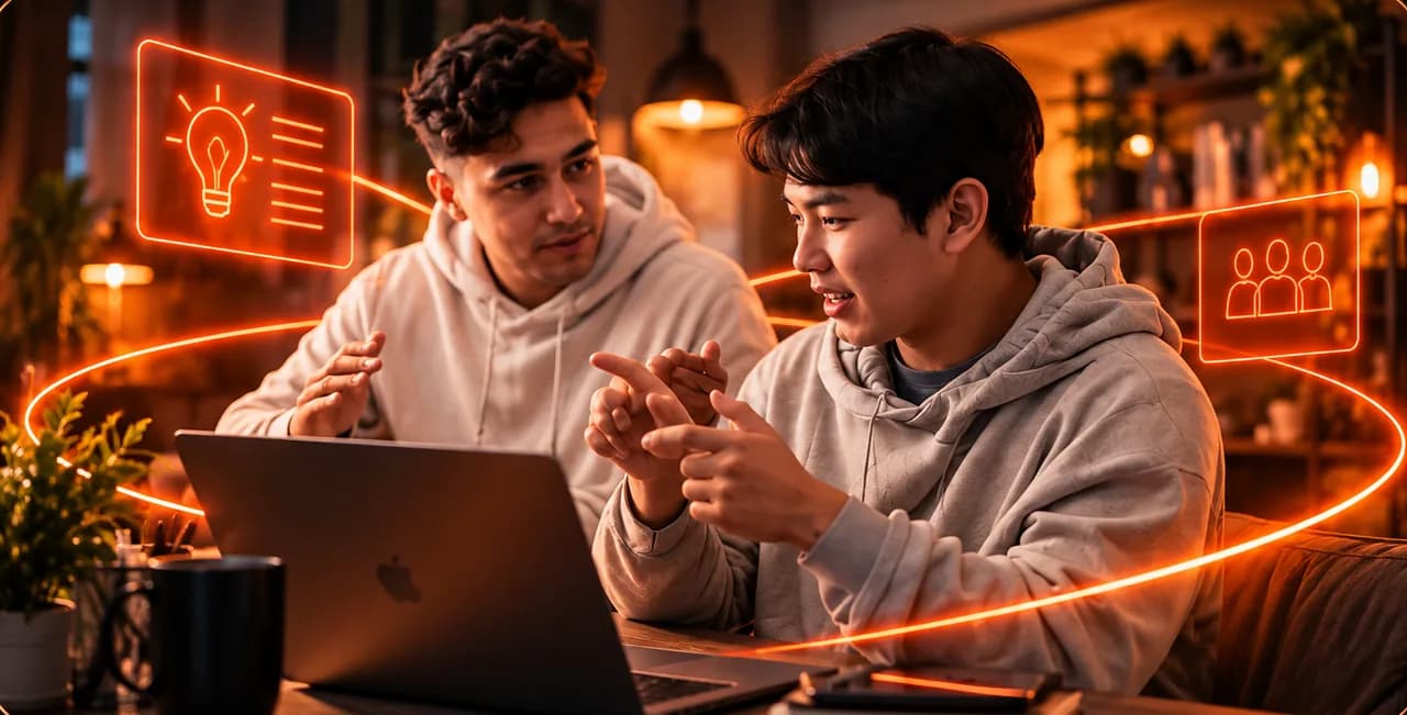 Two people in a project meeting, with ideas and the team in focus