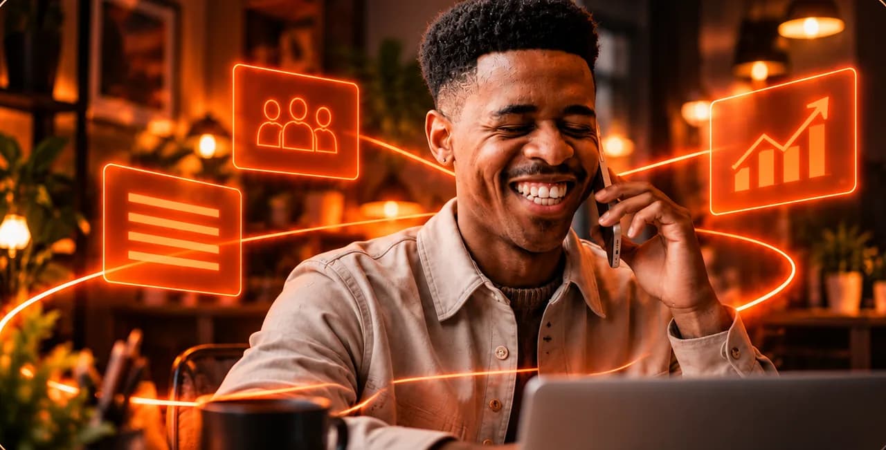 Client celebrating a result on the phone