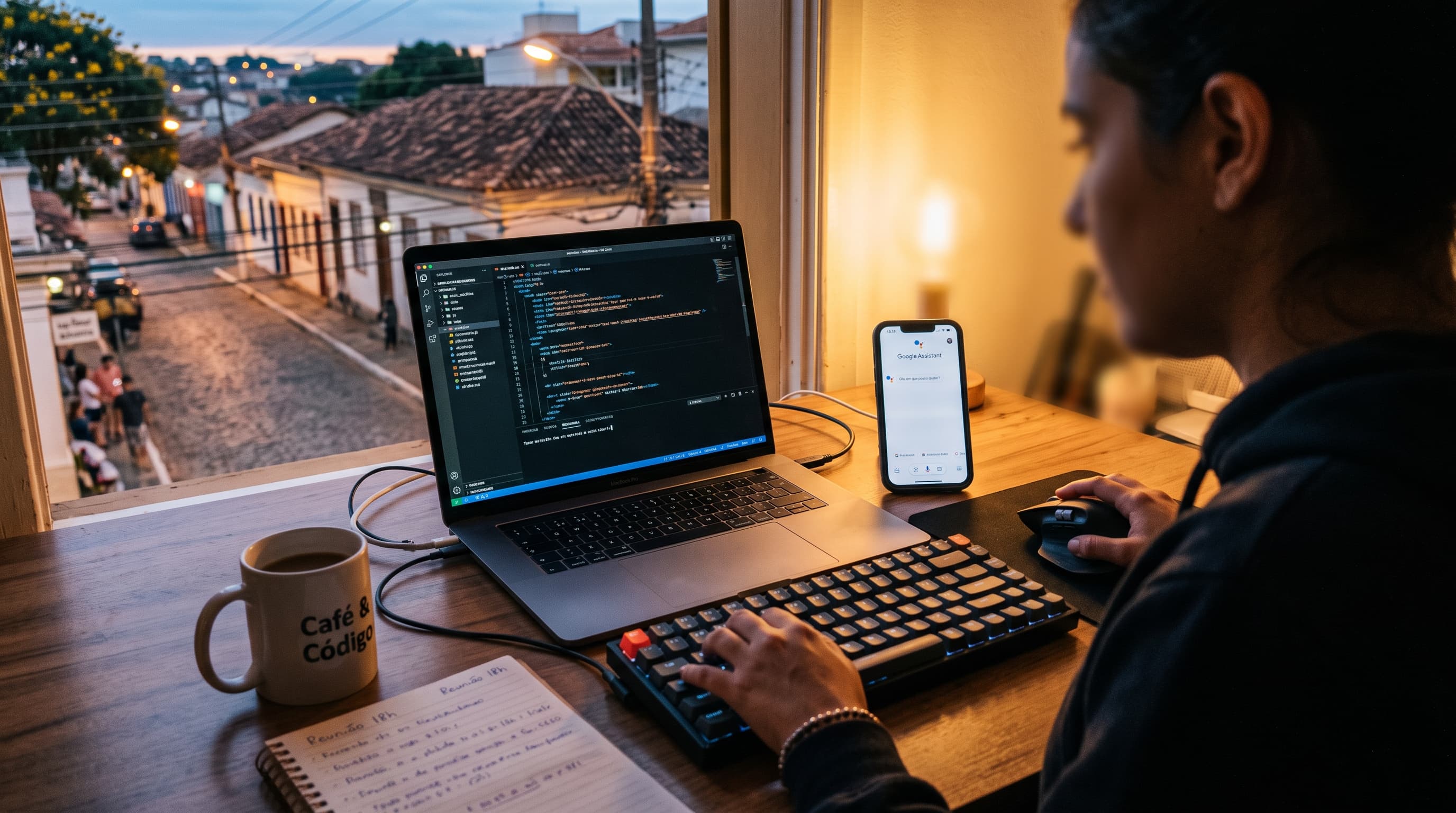 Mesa de trabalho com notebook mostrando código de site e celular com assistente de IA aceso