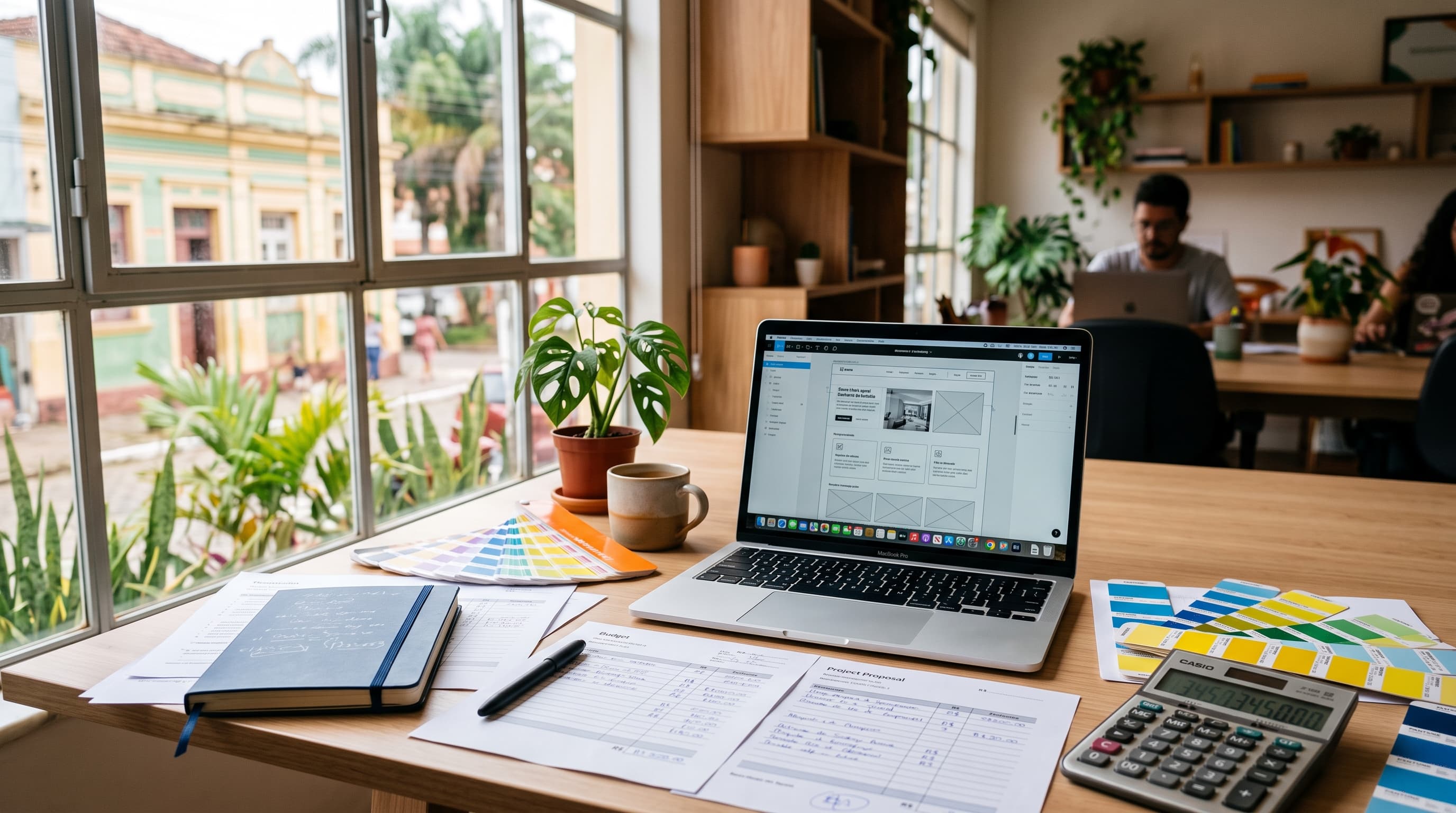 Mesa de trabalho com laptop mostrando layout de site e planilhas de orçamento ao lado