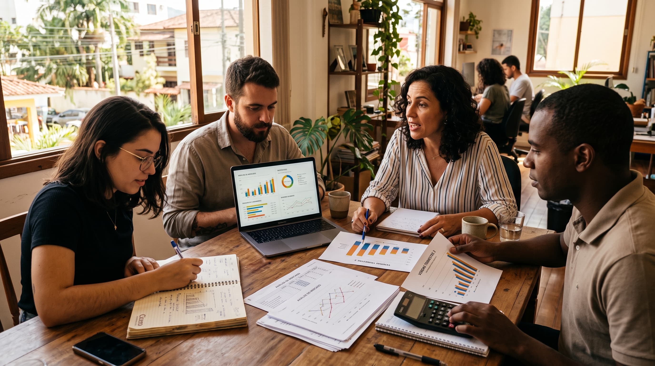 Equipe de agência analisando gráficos e planilhas para planejar investimento na Black Friday
