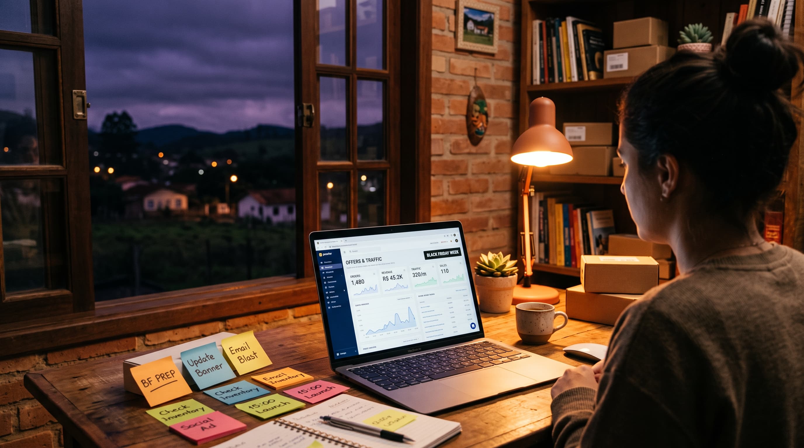 Mesa de trabalho com notebook exibindo loja online em preparação para a Black Friday