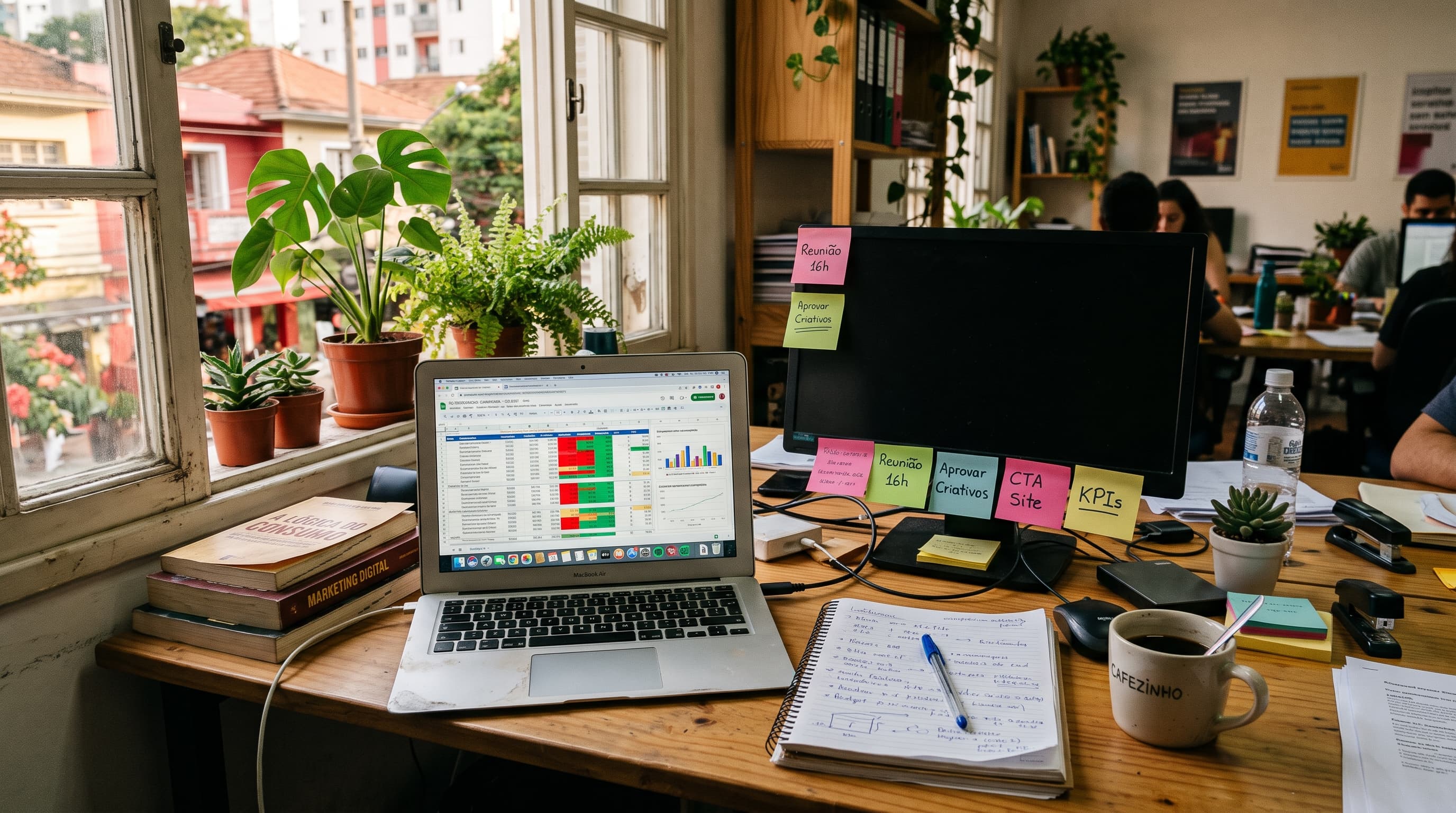Mesa de trabalho com notebook exibindo planilha cheia de dados, caderno, caneta e café em agência de marketing.