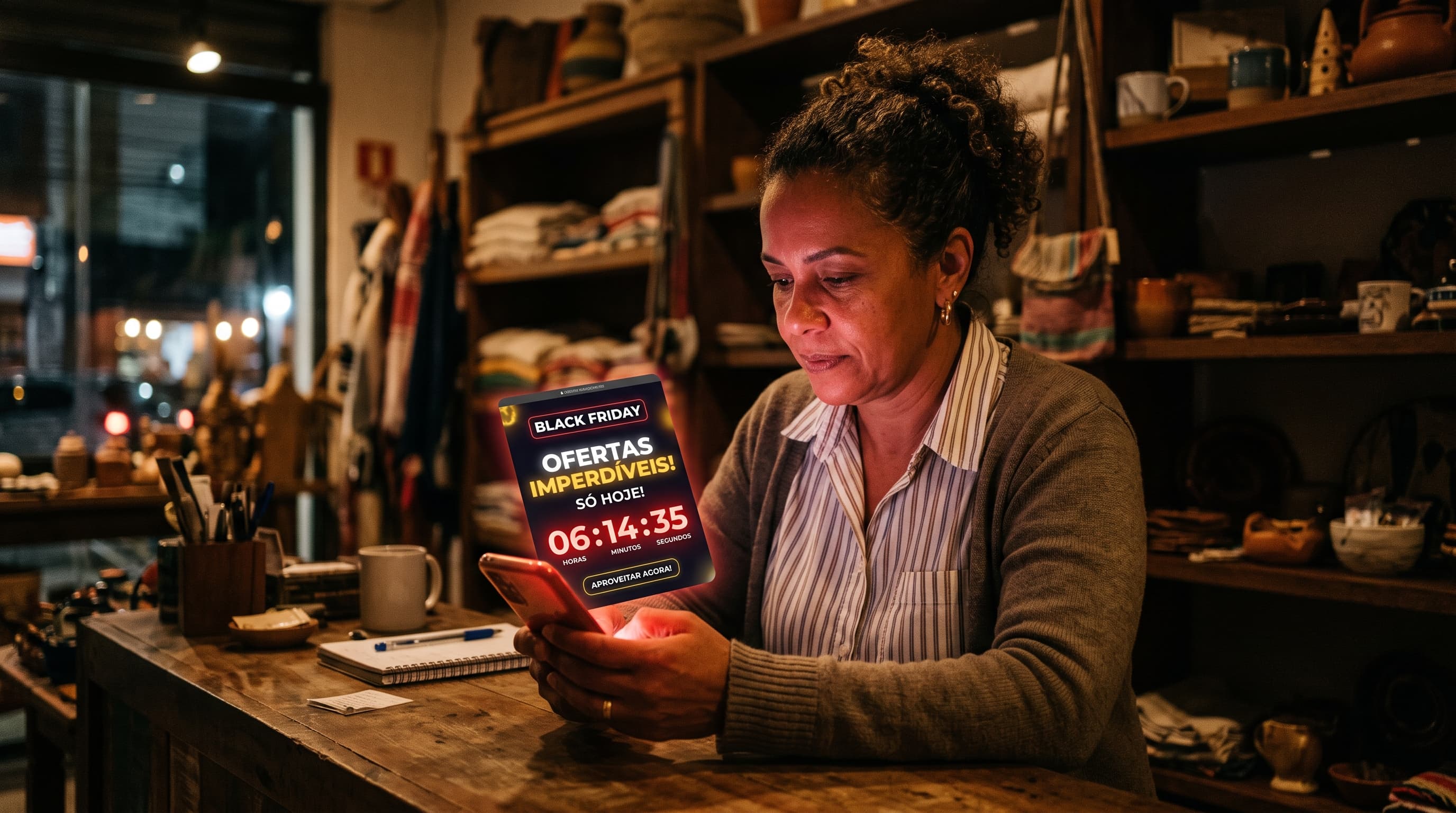 Empresário brasileiro vê página de Black Friday com oferta e contagem regressiva no celular em loja à noite.